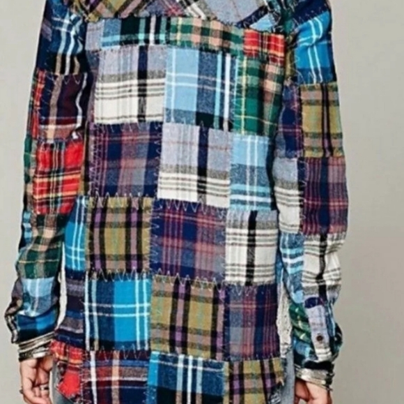 FREE PEOPLE "LOST IN PLAID" LACE CROCHET SIDED PATCHWORK PLAID FLANNEL TOP☆MED - Picture 4 of 12